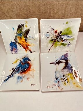 Dean Crouser Watercolor Bird Bluebird Bluejay Butterfly Dragonfly Plates Set 4